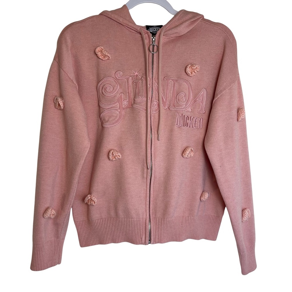 BoxLunch Wicked Glinda Pink Knit Sweater w/hood Zip front Embroidery Sz Large